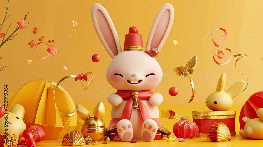 A picture of a cute rabbit with traditional new year ornaments on a yellow background. Text: Wishing you the happiest of new years.