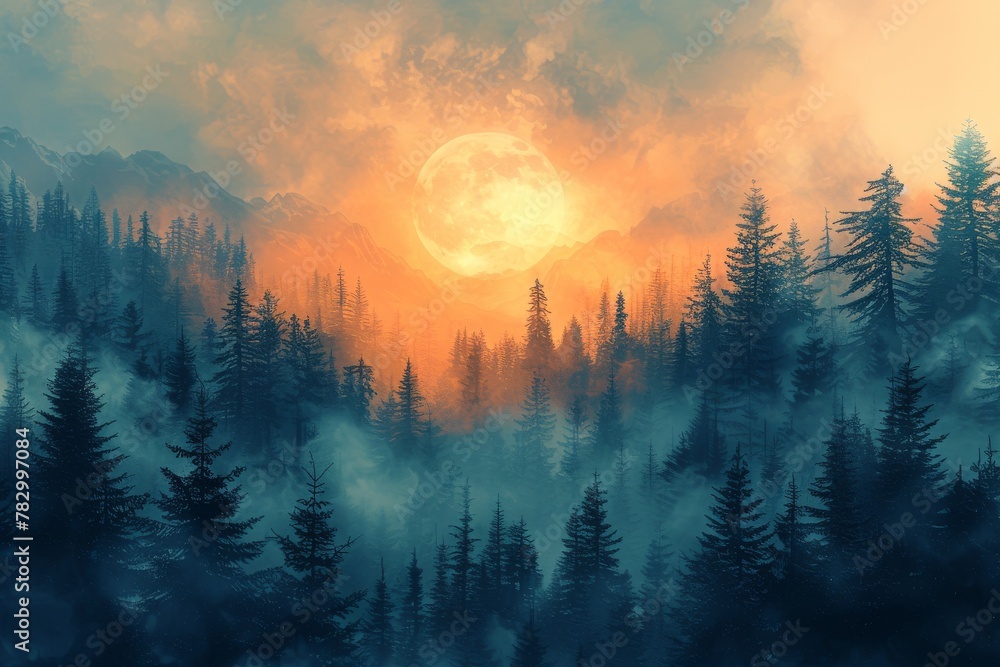 Fototapeta premium A serene scene featuring a full moon rising above silhouetted pine trees amidst a misty, orange-hued forest at dusk
