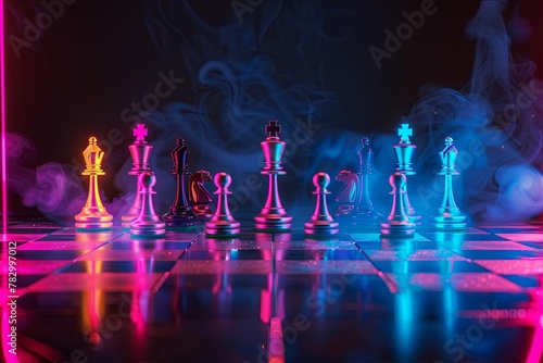 A row of electric blue neon chess pieces emitting gas on a landmark chessboard