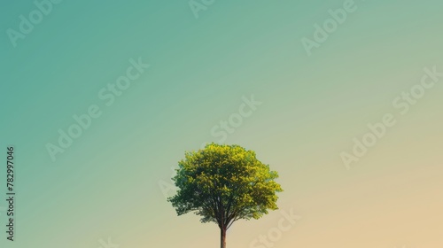 Tree stands alone  vibrant green  with Earth Day themed gradient background. A green tree is the centerpiece for Earth Day  with a sky to ground color fade.