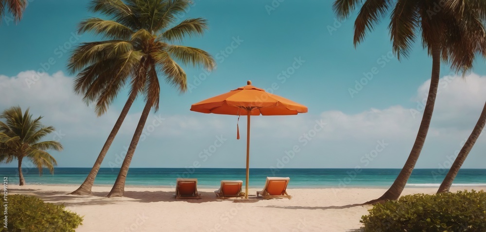 Beach chairs and umbrella for summer vacation concept
