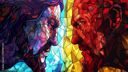 Colorful stained glass illustration of Jesus Christ  vs Satan lucifer the devil