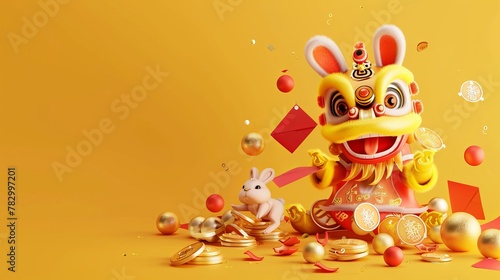 Chinese new year elements isolated on yellow background. Including red envelopes, coins, gold ingots, rabbits doing lion dances, etc. © Mark