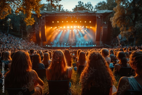 Fototapeta Naklejka Na Ścianę i Meble -  Audience enjoying live music performance in the outdoors with a lit stage and trees around