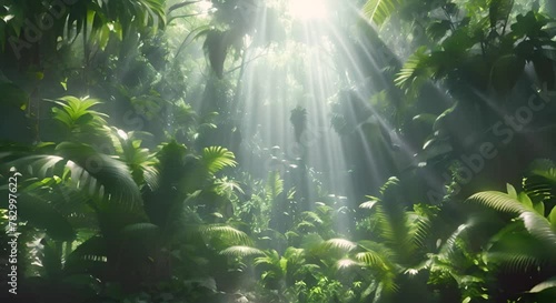 lush green jungle with sun rays shining through the trees photo