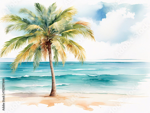 Watercolor painting background of a palm tree on the beach with ocean sea. Generative AI