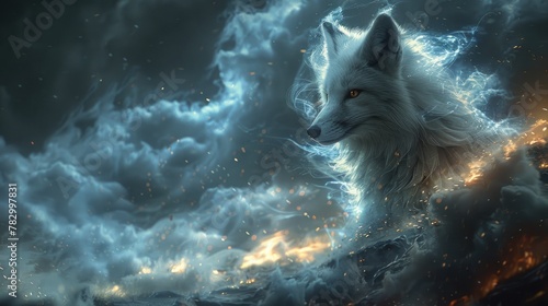 White Fox Standing Tall on Cliff Edge, Radiating Divine Aura of Power.
