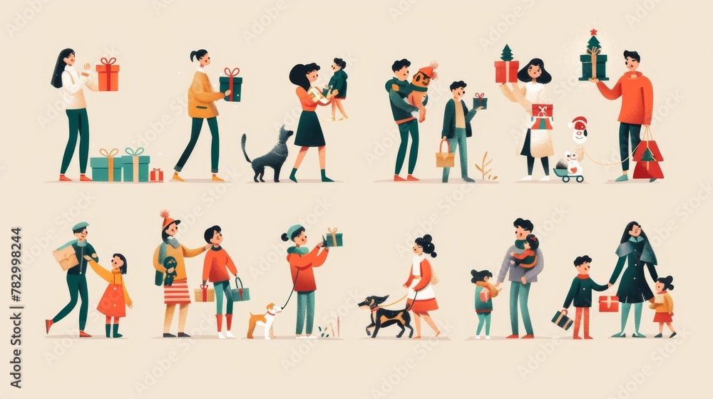 Isolated cute holiday people element set on beige background with pet dog, children, and adults bringing gifts.