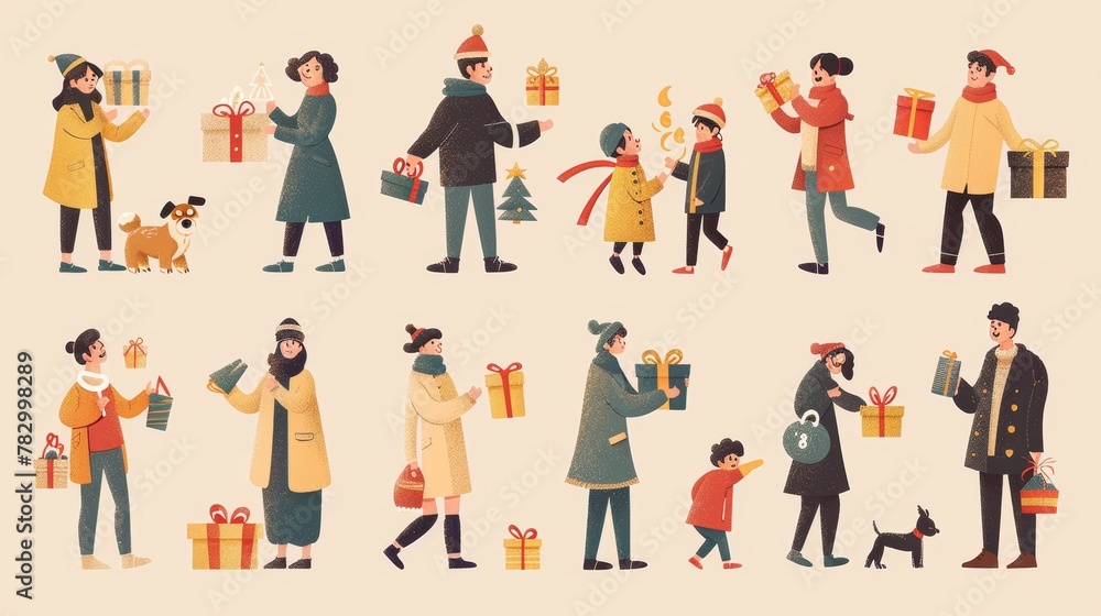Isolated set of cute holiday people. Includes dog, kids, and adults bringing gifts and greeting one another.