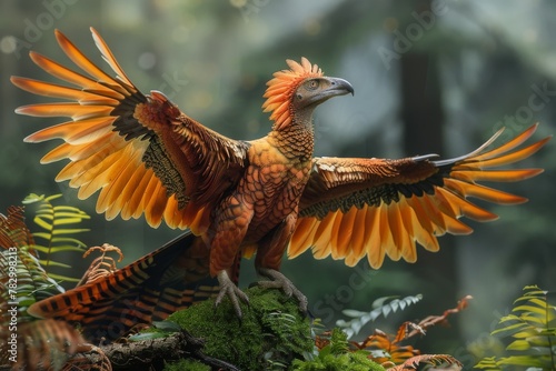 A striking depiction of a feathered dinosaur with outstretched wings against a misty forest backdrop, evoking prehistoric times photo