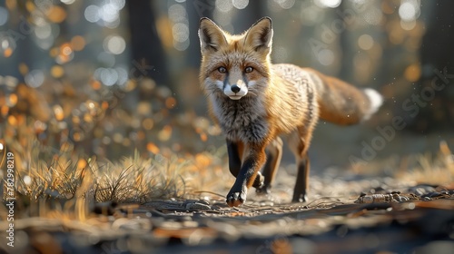 Agile Fox Trotting Along Forest Path, Tail Held High in Alert Curiosity.