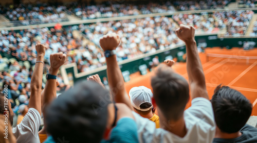 A group of people are cheering at a tennis match. The crowd is full of energy and excitement, with many people holding up their hands in the air. The atmosphere is lively and engaging
