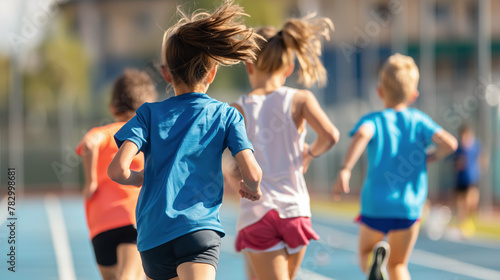 A group of children are running a race on a track. The children are wearing different colored shirts and shorts