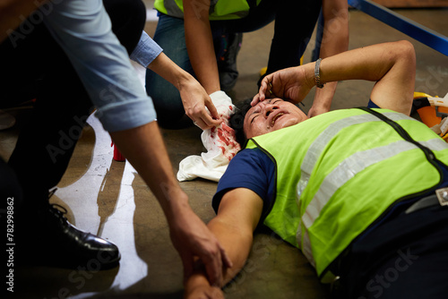 senior worker fell over and his head is bleeding on the floor in the factory © offsuperphoto