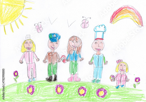 Child drawing of a People Group Different Occupation Profession. Pencil art in childish style