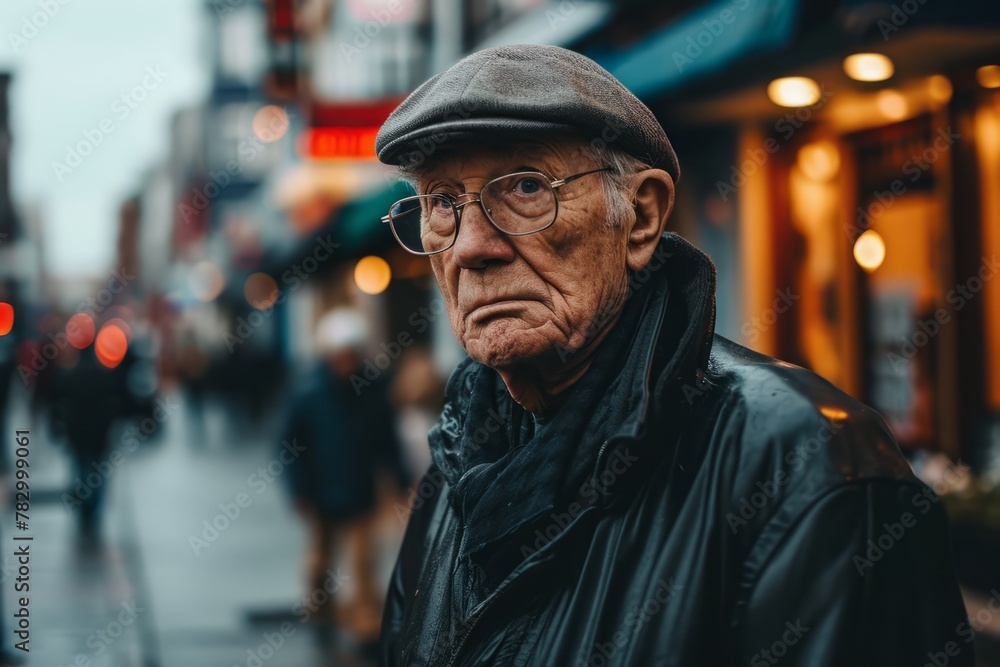 Portrait of an old man with glasses and a cap on the street Portrait of an old man with glasses and a cap on the street
