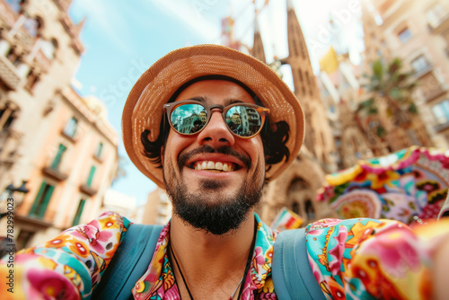 Traveler captures selfie moment in Barcelona with camera