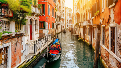 Serene gondola ride in a narrow Venice canal with historic architecture photo