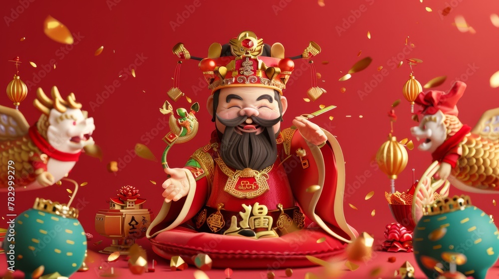 An animated CNY poster featuring the God of Wealth lying on a red cushion with koi fish and gold decorations in the background. Text: Welcome Caishen. Prosperous.
