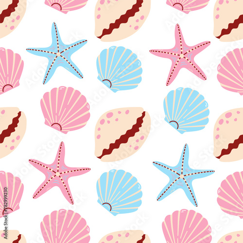 Seamless pattern with various sea shells and star fish. Sea shells seamless pattern. Trendy pattern of seashells for wrapping paper, wallpaper, stickers, notebook cover.