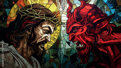 Colorful stained glass illustration of Jesus Christ  vs Satan lucifer the devil