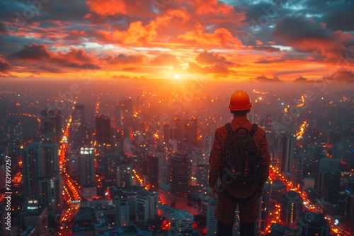 An explorer with a backpack watches the sunrise over a sprawling, light-strewn city