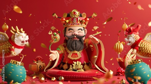 An animated CNY poster featuring the God of Wealth lying on a red cushion with koi fish and gold decorations in the background. Text: Welcome Caishen. Prosperous.