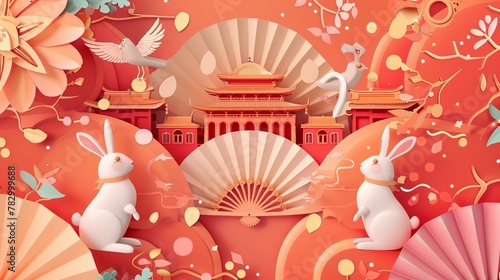 Featured in this poster is a paper art style illustration of a paper fan with rabbits on both sides and a bird on top, Chinese traditional architecture in the back. Text: Welcome spring. photo