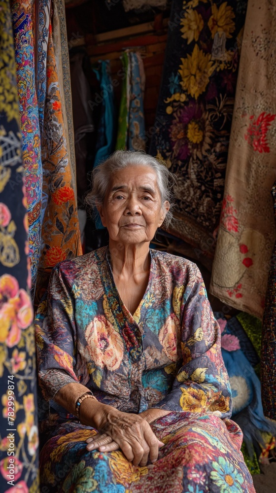 Fototapeta premium AI Generates Image, An old woman is sitting in a fabric store, lots of beautiful fabric patterns.