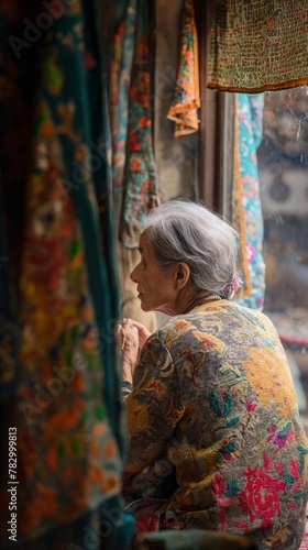 AI Generates Image, An old woman is sitting in a fabric store, lots of beautiful fabric patterns.