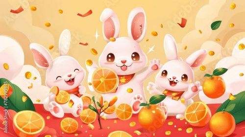 Text: Jade rabbits welcome new year. Auspicious. An adorable illustration of fluffy bunnies playing around oranges, gold ingots, and coins during Chinese New Year.