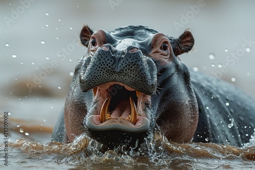 Detailed image showing a wild hippo with mouth wide open in the water, expressing territorial behavior