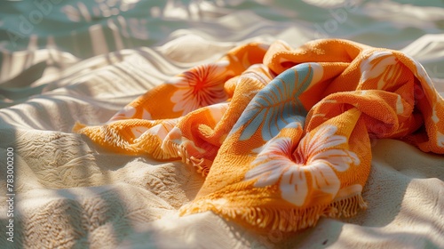A colourful beach towel spread out on the sand.