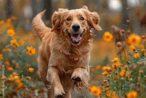 An endearing golden retriever dashes cheerfully among vibrant yellow flowers  embodying pure happiness