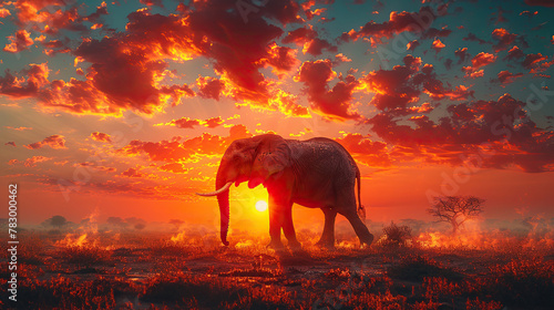 Desert-adapted Elephant Silhouetted Against a Fiery Sunset in the Arid Landscape. © pengedarseni