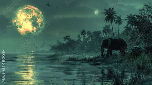 Elephant Silhouetted Against the Silver Glow of Moonlight in the Midnight Wilderness.