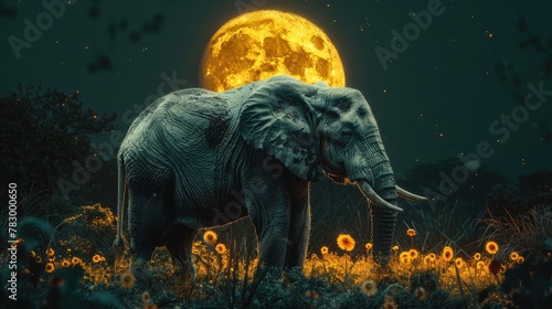 Elephant Silhouetted Against the Silver Glow of Moonlight in the Midnight Wilderness.