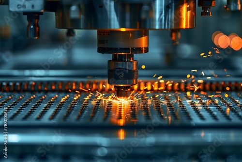 An advanced laser CNC machine cutting sheet metal, with bright orange sparks and a detailed view of the intricate process Showcasing industry and technology