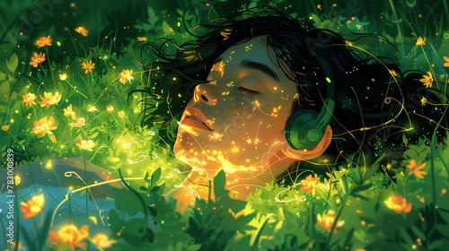 woman listening music with ...