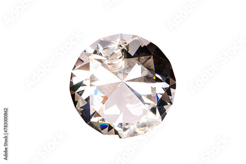 Close-up of a round cut diamond that reflects the many facets of a diamond. on a white background