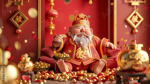 CNY poster in 3D. Red cushion with a gold ingot. Red background with Chinese traditional window and gold decorations. Text: Wealth pouring in. Welcome Caishen.