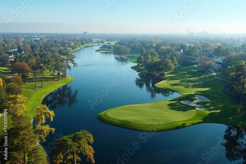 This high angle photo captures a sprawling green golf course with multiple water hazards and tree-lined fairways photo