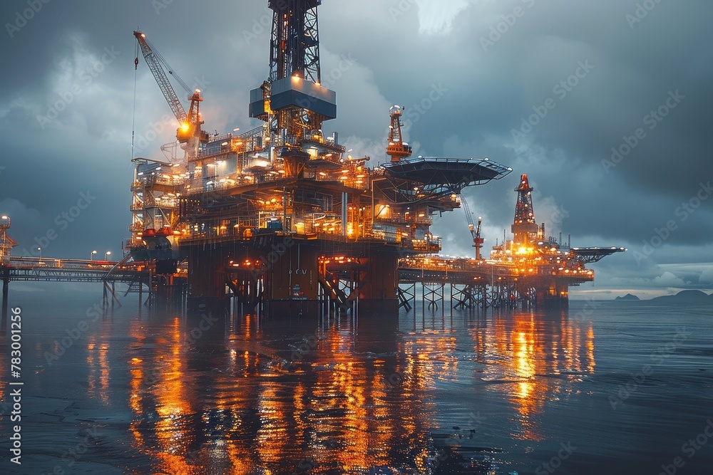 An illuminated drilling platform stands stark against night sky, reflecting the 24/7 operations An illuminated drilling platform stands stark against night sky, reflecting the 24/7 operations
