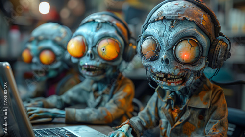 zombie working with laptop, work hard until death concept © pattozher