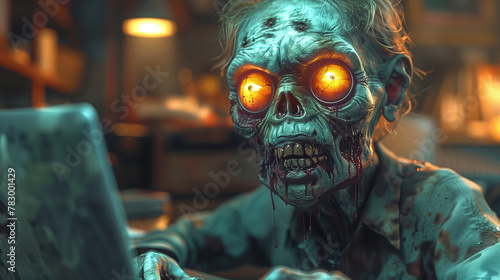 zombie working with laptop, work hard until death concept