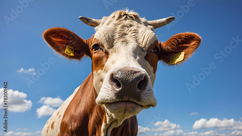 Low angle view of cow looking at camara against blue sky  photo
