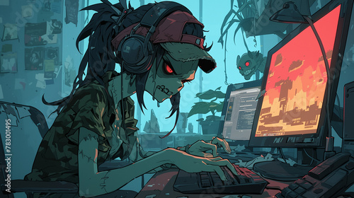 zombie working with laptop, work hard until death concept