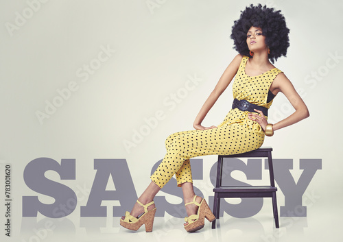 Photography Text, overlay and portrait of woman in studio for fashion week, sassy or upcycling clothes on white background