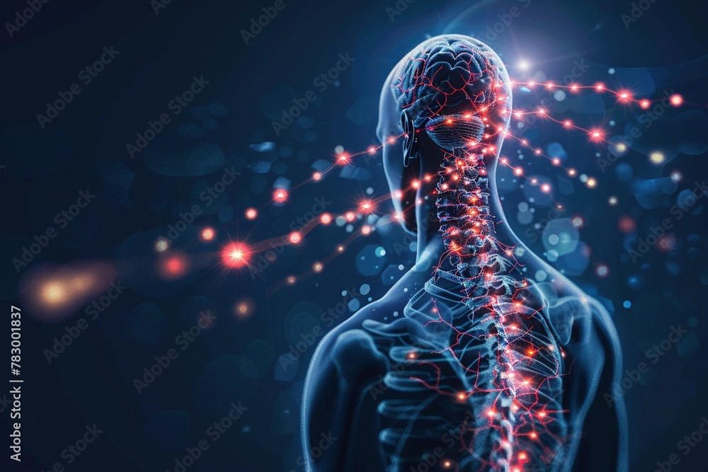 A minimalist profile depiction of the human nervous system. Glowing red orbs surround the spine and brain, suggesting relief through iris linen massage. Dark blue backdrop - obrazy, fototapety, plakaty 