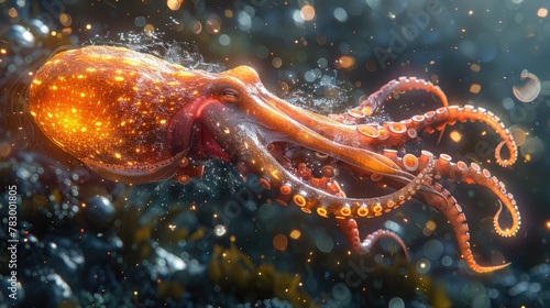 Mysterious Giant Octopus Emerges from the Depths, Its Tentacles Writhing in the Darkness.